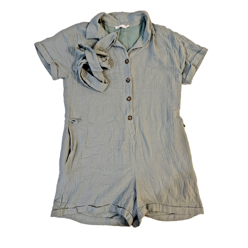 Lush Romper Womens Medium Button Front Short Sleeve Tie Waist Playsuit Cuffed